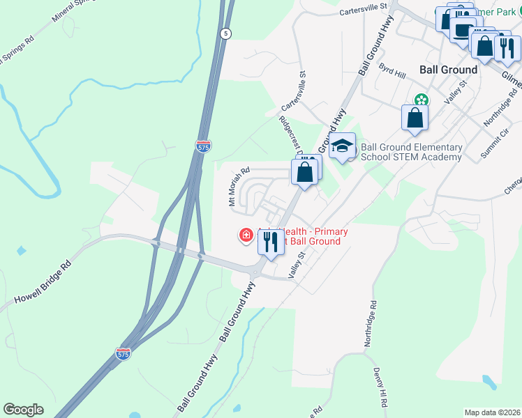 map of restaurants, bars, coffee shops, grocery stores, and more near East Gate Trail in Ball Ground