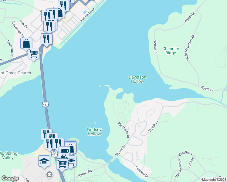 map of restaurants, bars, coffee shops, grocery stores, and more near 8098 Val Monte Drive in Guntersville