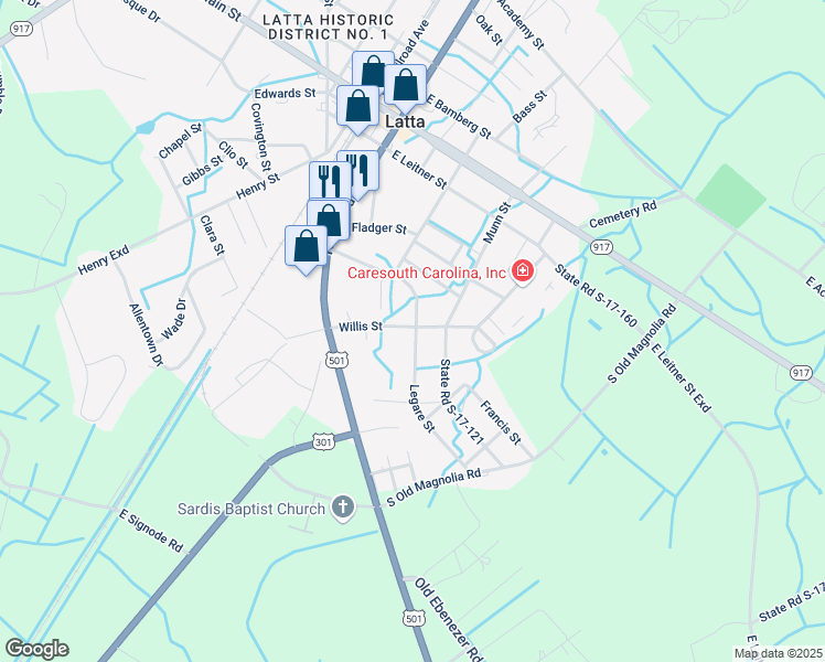 map of restaurants, bars, coffee shops, grocery stores, and more near 321 Willis Street in Latta
