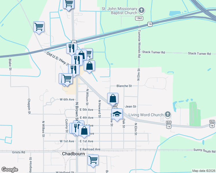 map of restaurants, bars, coffee shops, grocery stores, and more near 203 Miller Street in Chadbourn