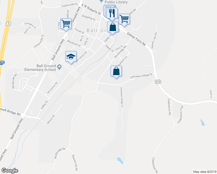 map of restaurants, bars, coffee shops, grocery stores, and more near 220 Cherokee Village Drive in Ball Ground