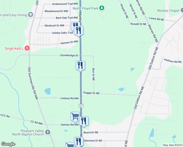 map of restaurants, bars, coffee shops, grocery stores, and more near 100 Burr Drive Northeast in Rome
