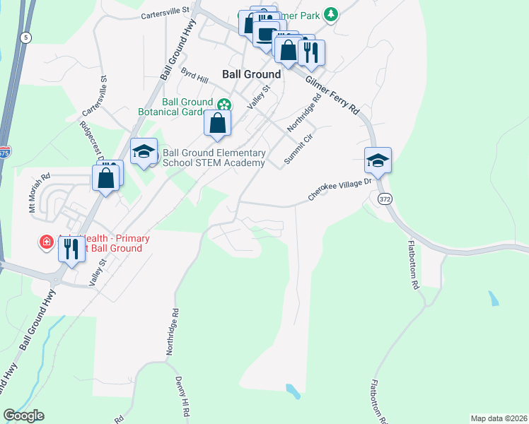map of restaurants, bars, coffee shops, grocery stores, and more near 208 Cherokee Village Drive in Ball Ground