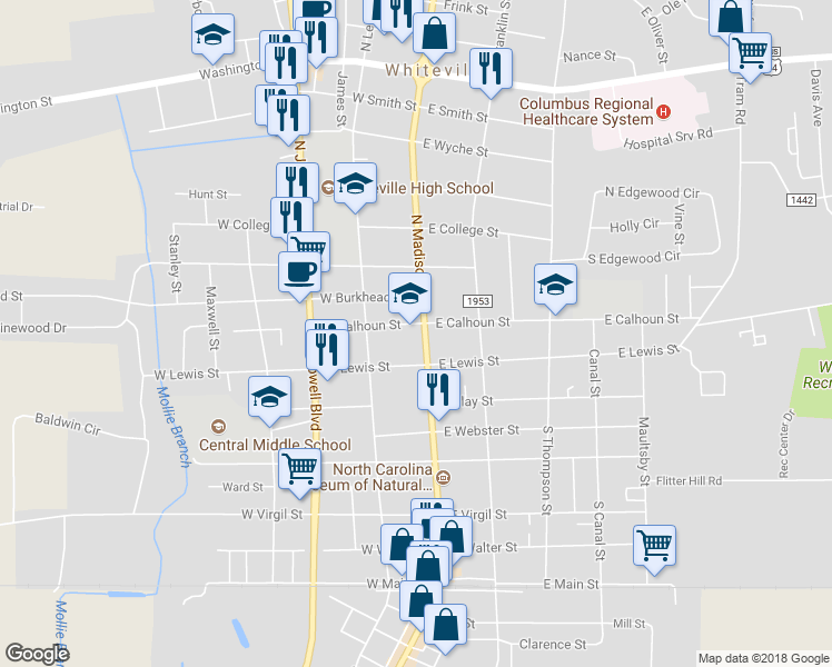 map of restaurants, bars, coffee shops, grocery stores, and more near 107 North Madison Street in Whiteville