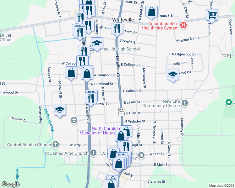 map of restaurants, bars, coffee shops, grocery stores, and more near 107 North Madison Street in Whiteville