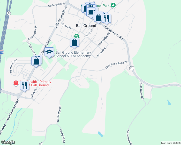map of restaurants, bars, coffee shops, grocery stores, and more near 220 Cherokee Village Drive in Ball Ground