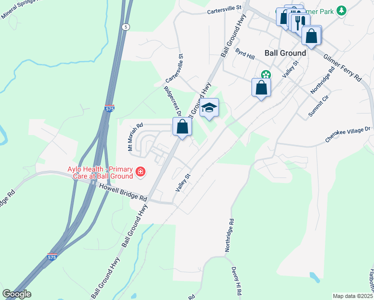 map of restaurants, bars, coffee shops, grocery stores, and more near 127 Old Canton Road in Ball Ground