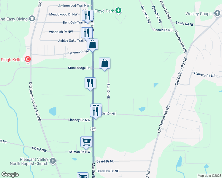 map of restaurants, bars, coffee shops, grocery stores, and more near 100 Burr Drive Northeast in Rome