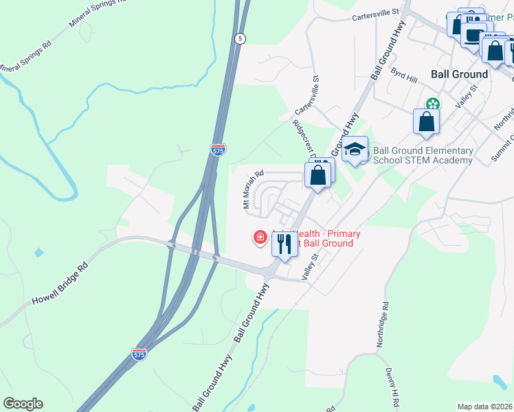 map of restaurants, bars, coffee shops, grocery stores, and more near 222 Morningstar Way in Ball Ground