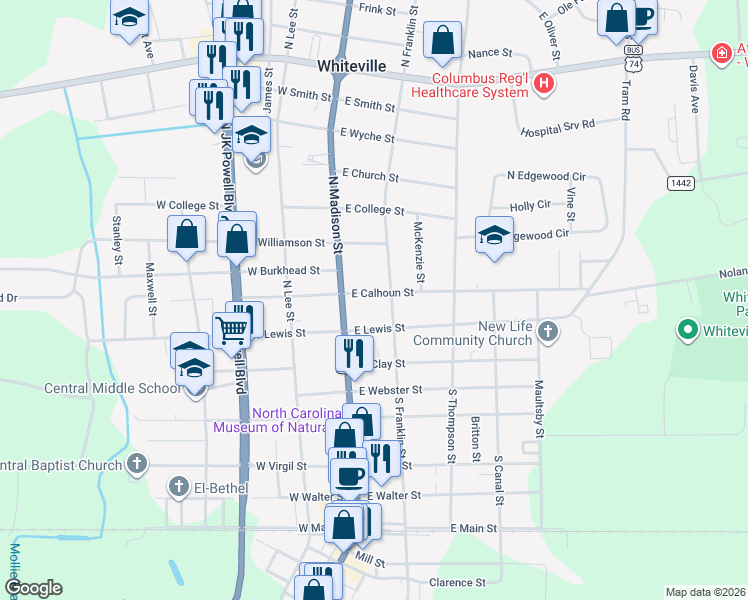 map of restaurants, bars, coffee shops, grocery stores, and more near 114 East Calhoun Street in Whiteville