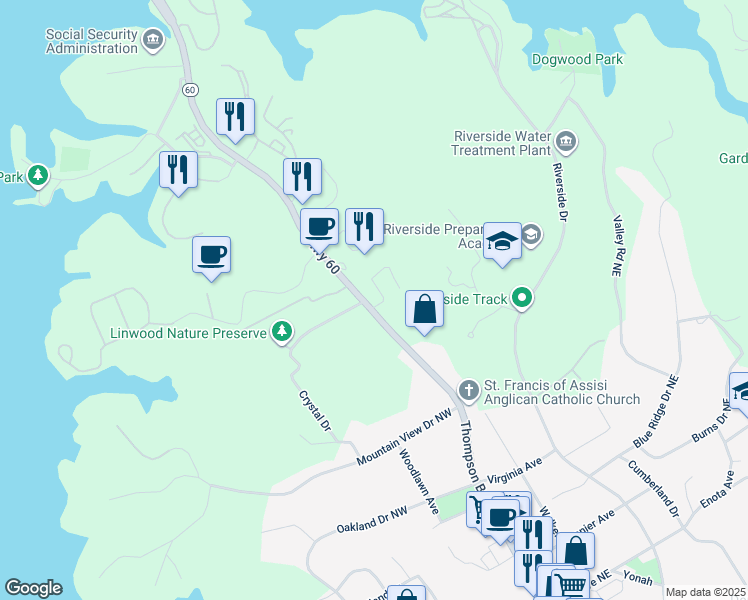map of restaurants, bars, coffee shops, grocery stores, and more near 1860 Thompson Bridge Road in Gainesville