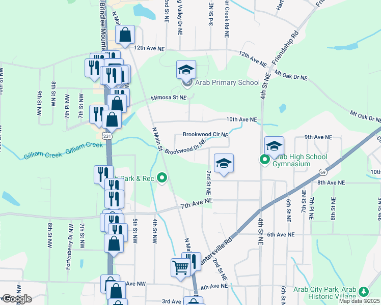 map of restaurants, bars, coffee shops, grocery stores, and more near 108 Brookwood Drive Northeast in Arab