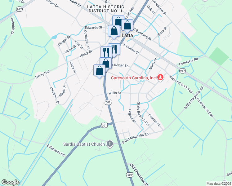 map of restaurants, bars, coffee shops, grocery stores, and more near 300 Willis Street in Latta