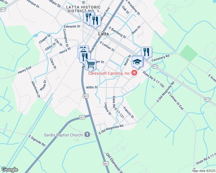 map of restaurants, bars, coffee shops, grocery stores, and more near 321 Willis Street in Latta