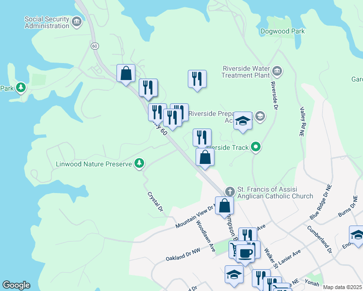 map of restaurants, bars, coffee shops, grocery stores, and more near 1860 Thompson Bridge Road in Gainesville