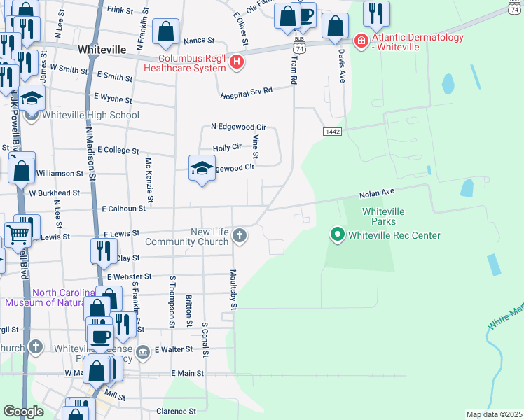 map of restaurants, bars, coffee shops, grocery stores, and more near 524 East Calhoun Street in Whiteville