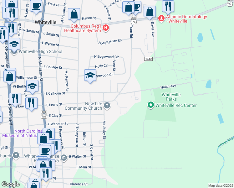 map of restaurants, bars, coffee shops, grocery stores, and more near 524 East Calhoun Street in Whiteville
