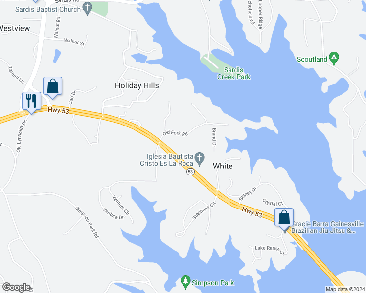 map of restaurants, bars, coffee shops, grocery stores, and more near 2360 Dawsonville Highway in Gainesville