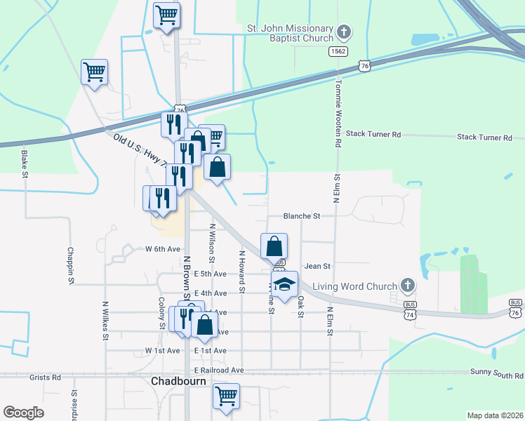 map of restaurants, bars, coffee shops, grocery stores, and more near 203 Miller St in Chadbourn