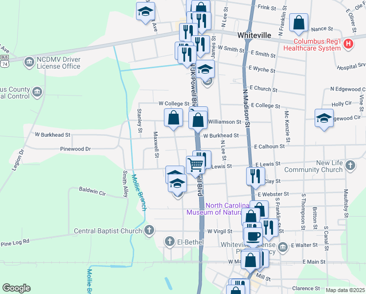 map of restaurants, bars, coffee shops, grocery stores, and more near 308 Brookberry Lane in Whiteville