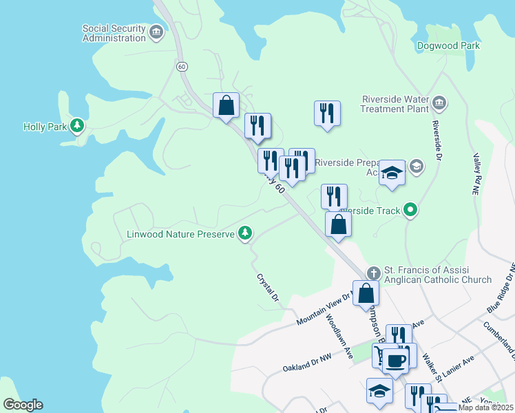 map of restaurants, bars, coffee shops, grocery stores, and more near 319 Linwood Drive in Gainesville