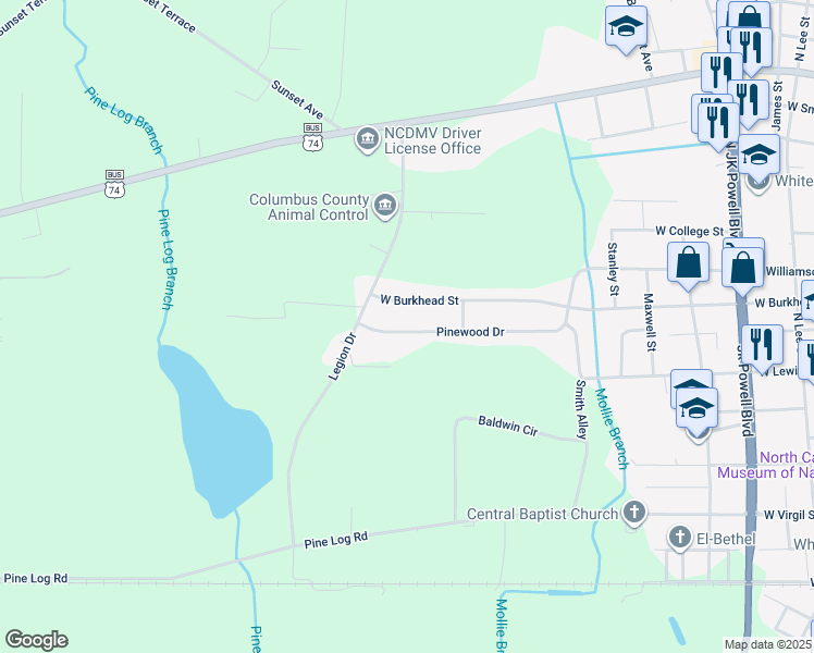 map of restaurants, bars, coffee shops, grocery stores, and more near 832 Pinewood Drive in Whiteville
