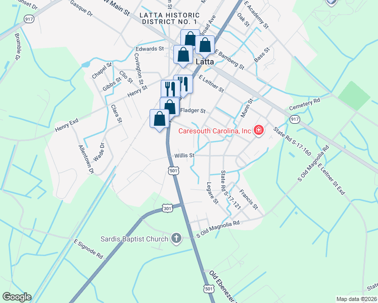 map of restaurants, bars, coffee shops, grocery stores, and more near 300 Willis Street in Latta