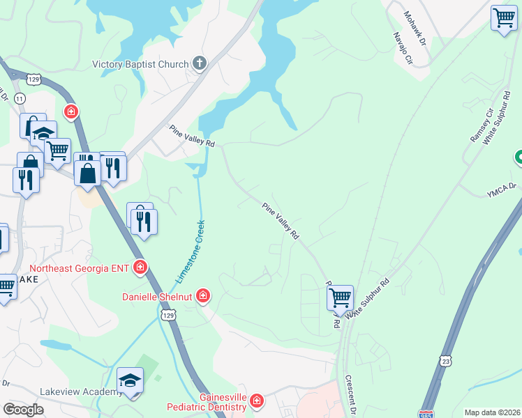 map of restaurants, bars, coffee shops, grocery stores, and more near 1316 Pine Valley Road in Gainesville