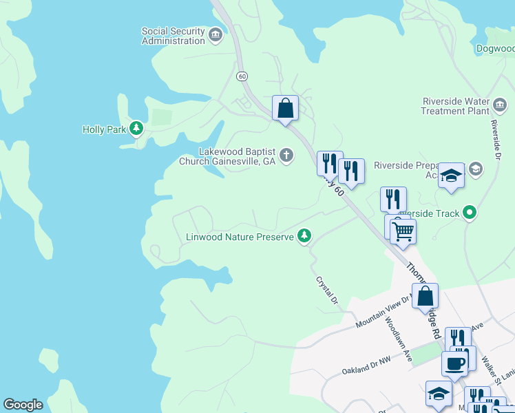 map of restaurants, bars, coffee shops, grocery stores, and more near 392 Linwood Drive in Gainesville