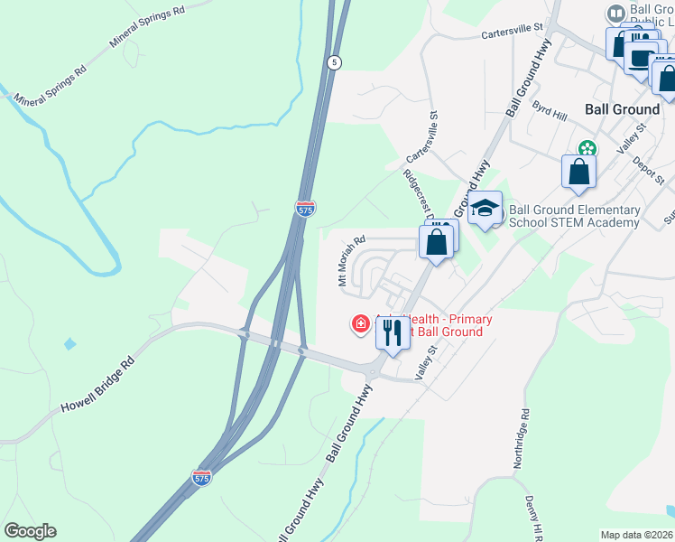 map of restaurants, bars, coffee shops, grocery stores, and more near 141 Mount Moriah Road in Ball Ground