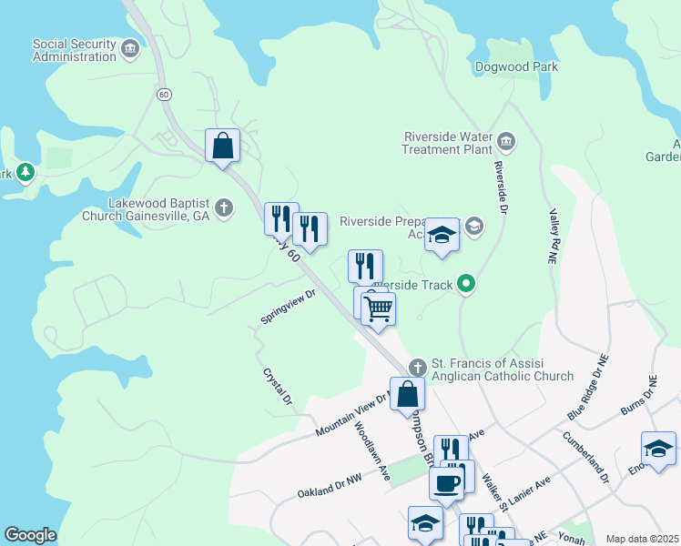 map of restaurants, bars, coffee shops, grocery stores, and more near 1858 Thompson Bridge Road in Gainesville