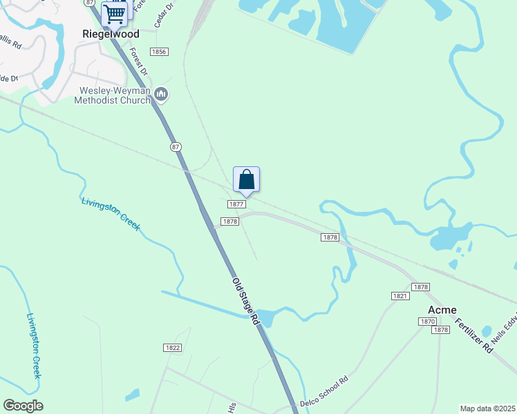 map of restaurants, bars, coffee shops, grocery stores, and more near 251 State Road 1878 in Riegelwood