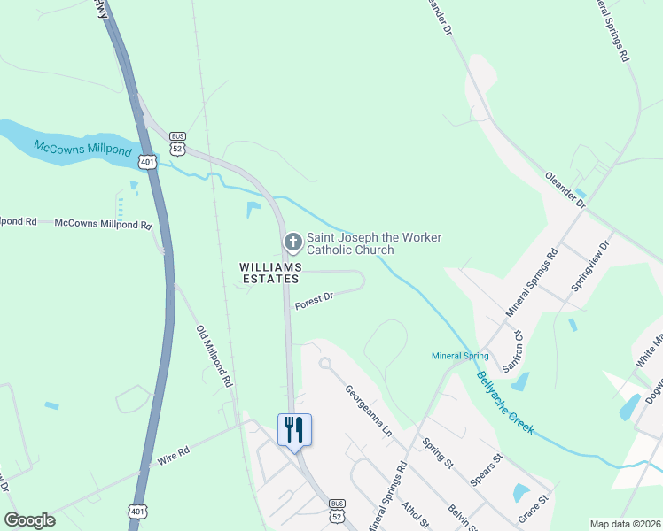 map of restaurants, bars, coffee shops, grocery stores, and more near 150 Forest Drive in Darlington