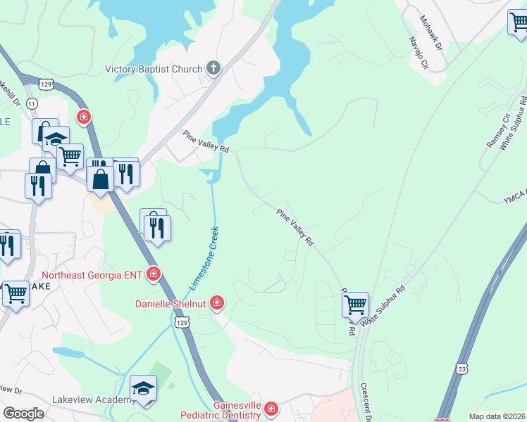map of restaurants, bars, coffee shops, grocery stores, and more near 1316 Pine Valley Road in Gainesville