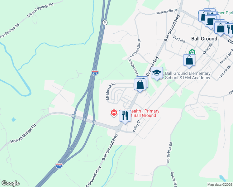 map of restaurants, bars, coffee shops, grocery stores, and more near 211 Morningstar Way in Ball Ground