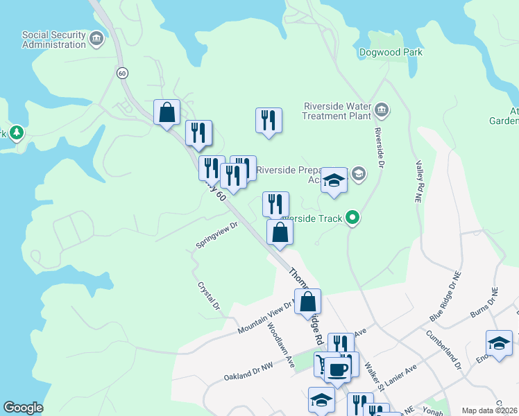 map of restaurants, bars, coffee shops, grocery stores, and more near 1856 Thompson Bridge Road in Gainesville
