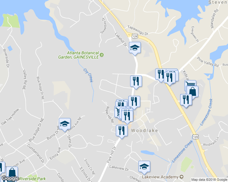 map of restaurants, bars, coffee shops, grocery stores, and more near 125 Riverbend Circle in Gainesville