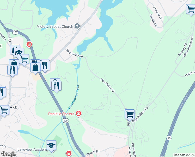 map of restaurants, bars, coffee shops, grocery stores, and more near 1316 Pine Valley Road in Gainesville