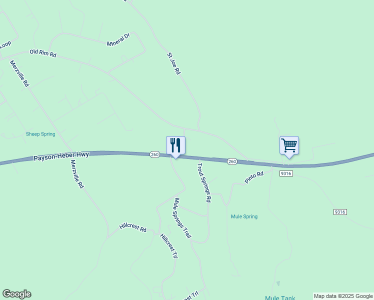 map of restaurants, bars, coffee shops, grocery stores, and more near 1938 Arizona 260 in Payson