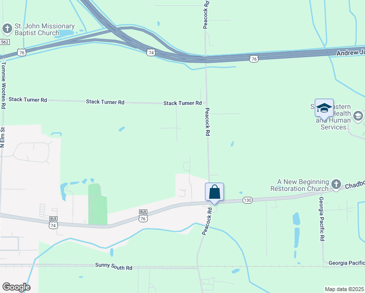 map of restaurants, bars, coffee shops, grocery stores, and more near 193 Sunny View Lane in Chadbourn