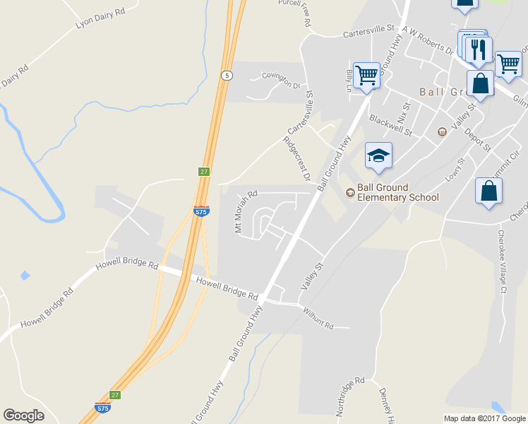 map of restaurants, bars, coffee shops, grocery stores, and more near 207 Morningstar Way in Ball Ground