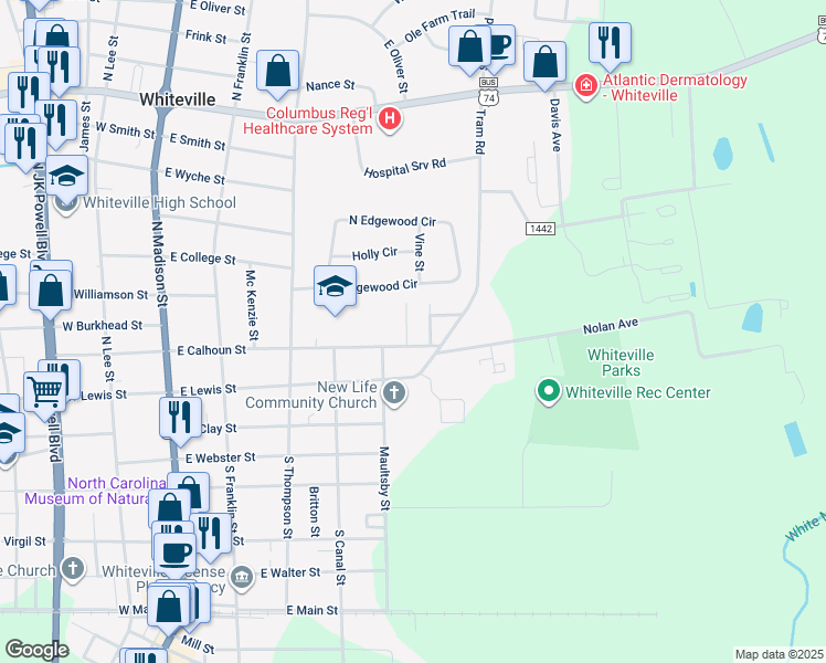 map of restaurants, bars, coffee shops, grocery stores, and more near 206 Anderson Street in Whiteville