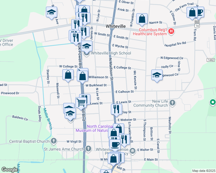 map of restaurants, bars, coffee shops, grocery stores, and more near 105 West Burkhead Street in Whiteville
