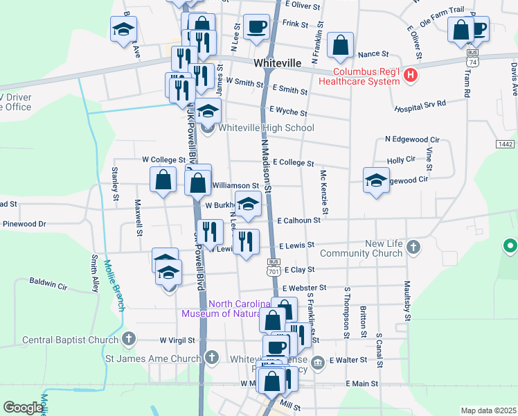 map of restaurants, bars, coffee shops, grocery stores, and more near 105 West Burkhead Street in Whiteville