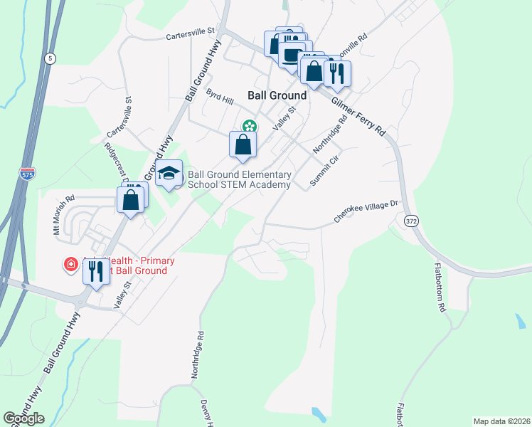 map of restaurants, bars, coffee shops, grocery stores, and more near 245 Northridge Road in Ball Ground