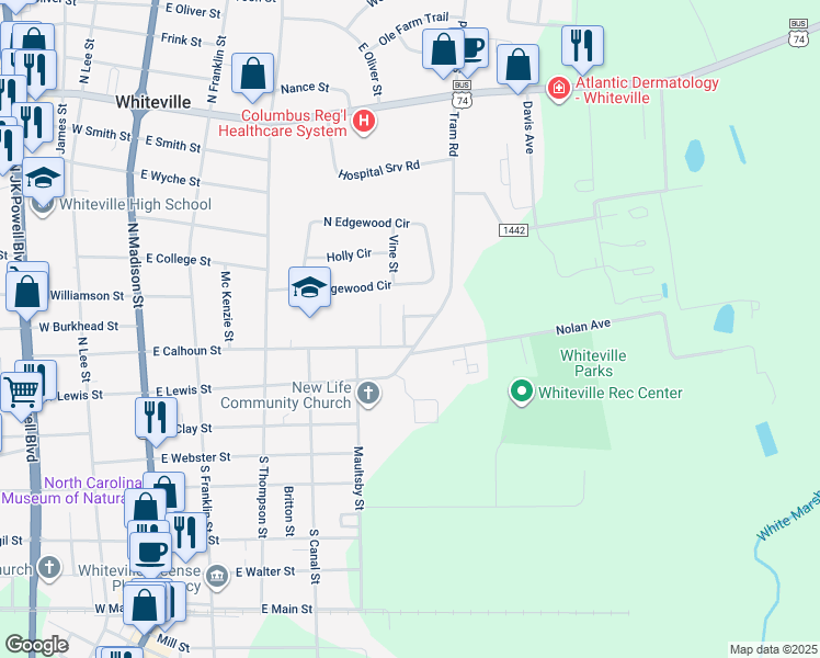 map of restaurants, bars, coffee shops, grocery stores, and more near 208 Garrell Street in Whiteville