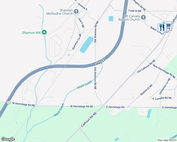 map of restaurants, bars, coffee shops, grocery stores, and more near 195 Old Shannon Road Northeast in Rome