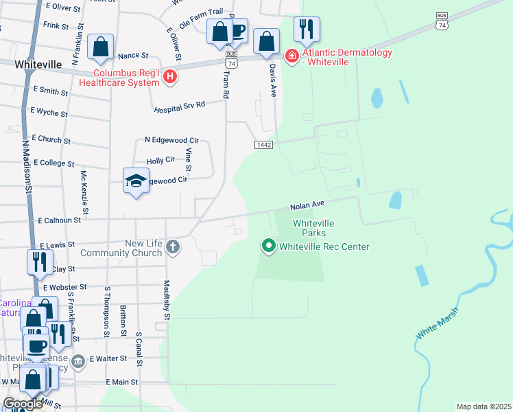 map of restaurants, bars, coffee shops, grocery stores, and more near 637 Nolan Avenue in Whiteville