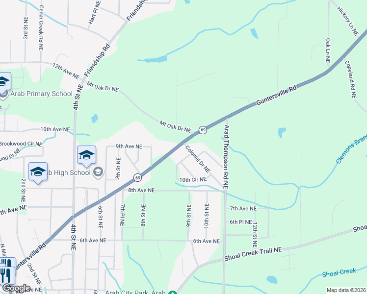 map of restaurants, bars, coffee shops, grocery stores, and more near 951 Guntersville Road in Arab