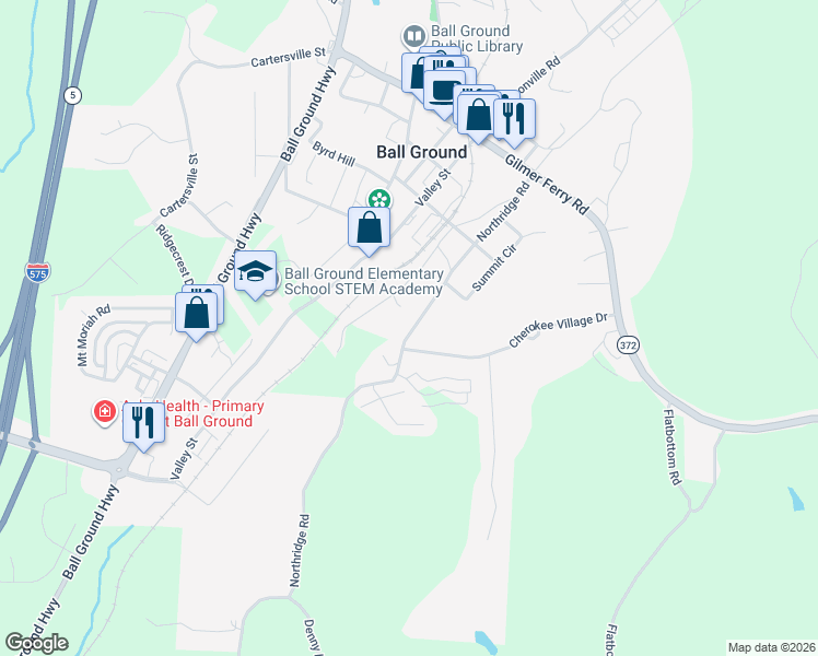 map of restaurants, bars, coffee shops, grocery stores, and more near 245 Northridge Road in Ball Ground